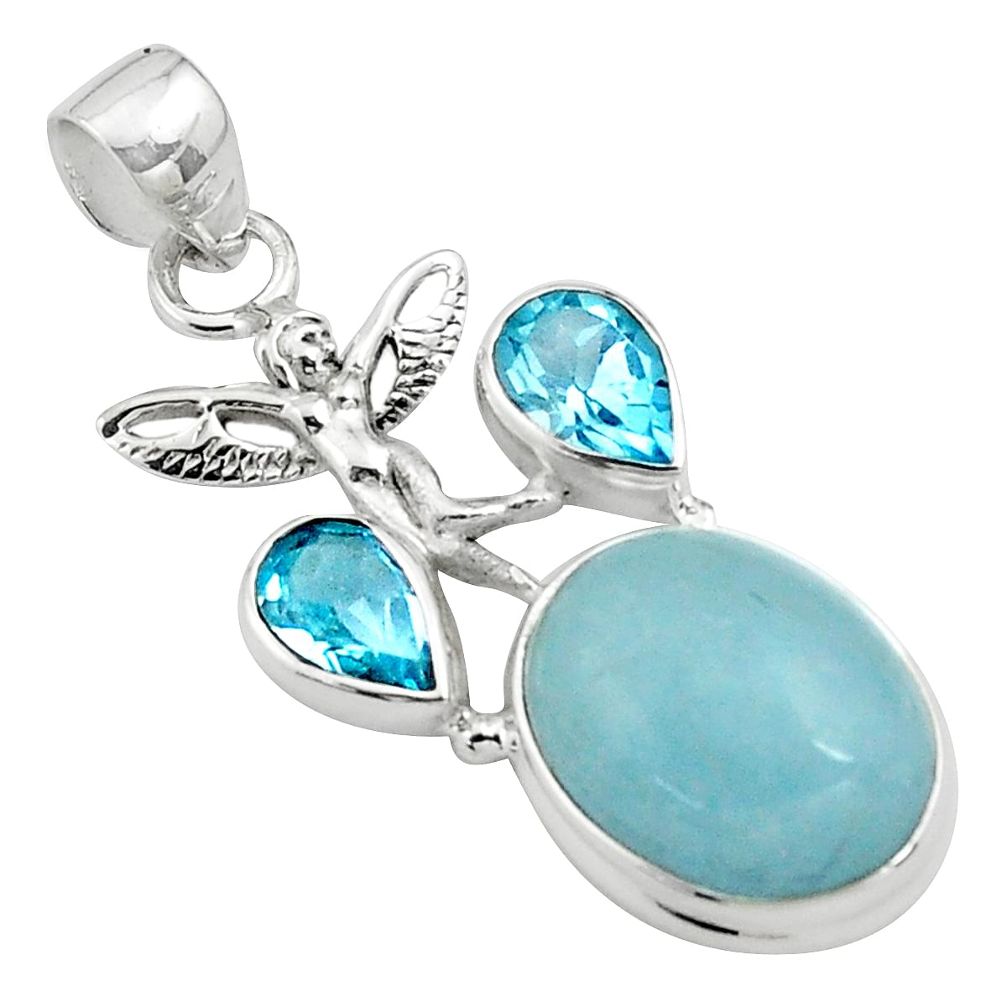 15.64cts natural blue aquamarine 925 silver angel wings fairy pendant p77843