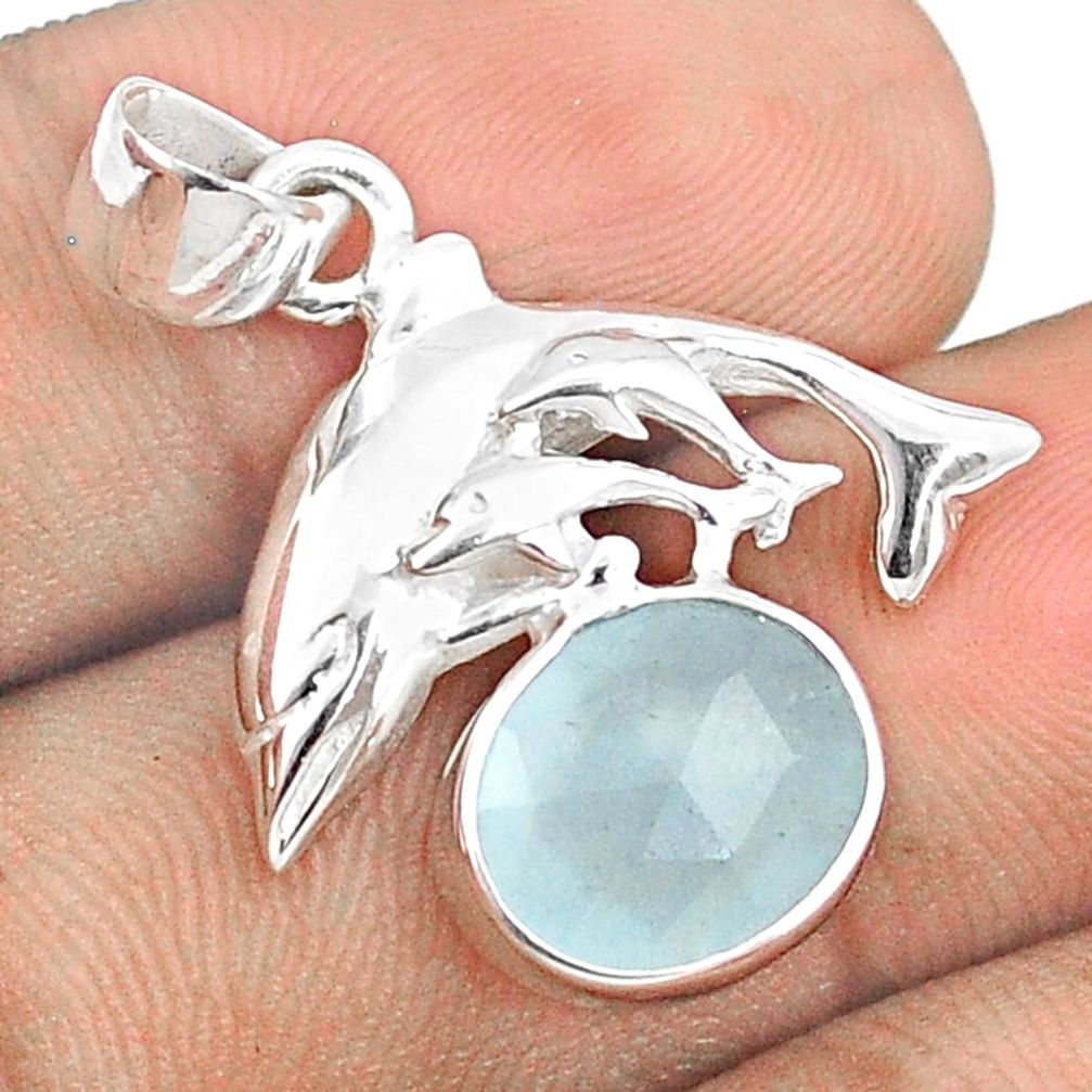 5.05cts natural blue aquamarine 925 sterling silver dolphin pendant u25941