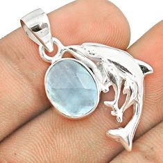 5.02cts natural blue aquamarine 925 sterling silver dolphin pendant u25942