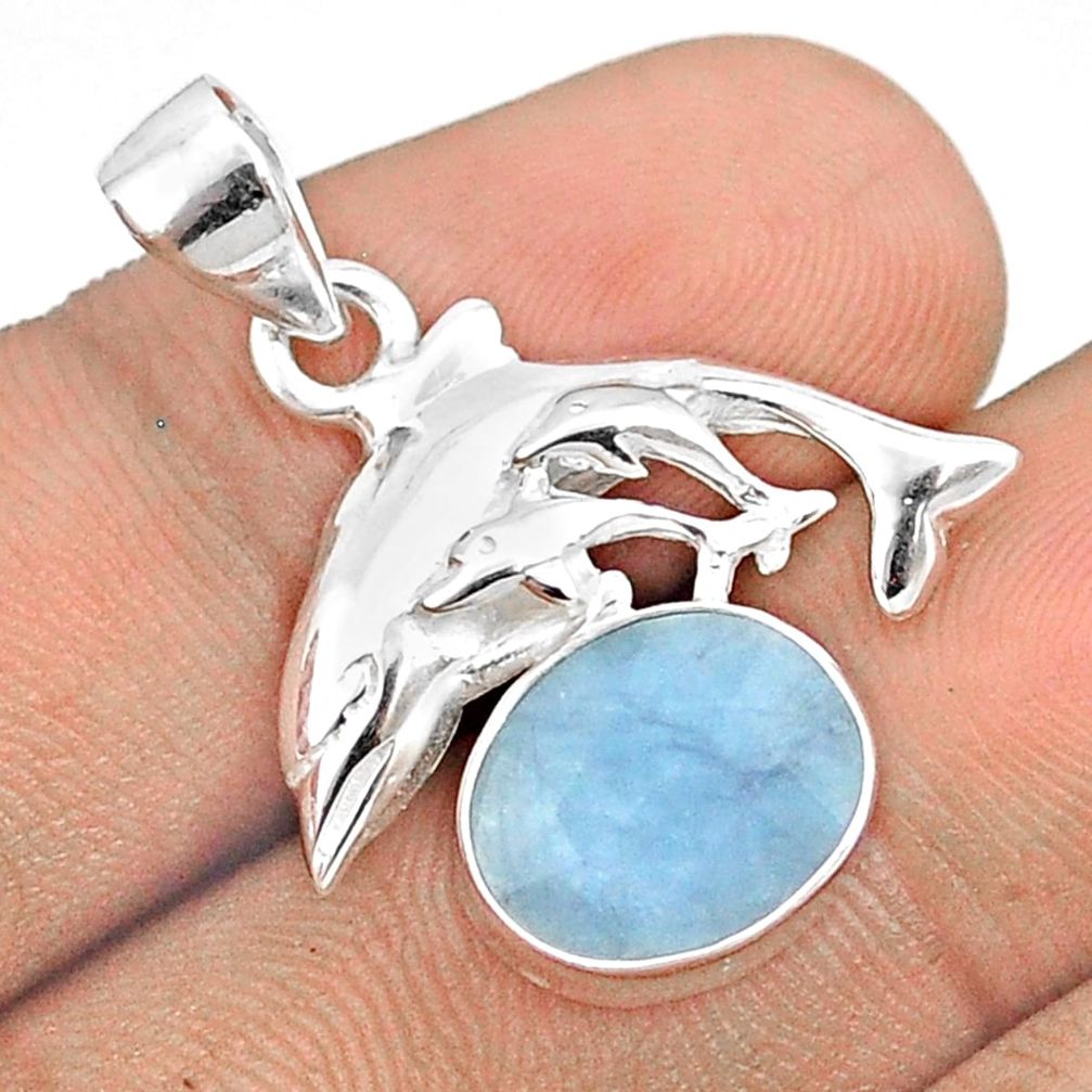 5.04cts natural blue aquamarine 925 sterling silver dolphin pendant u25946