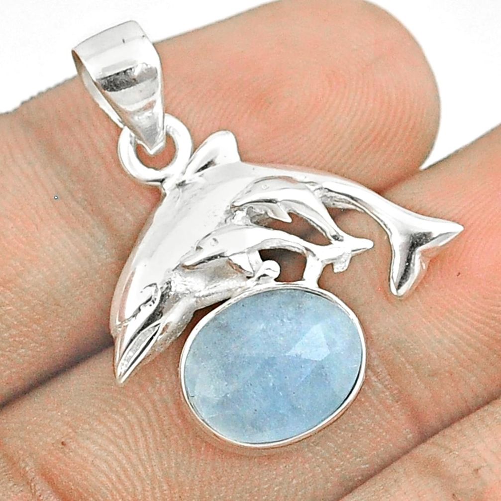 5.04cts sea life natural blue aquamarine 925 sterling silver dolphin pendant u25952