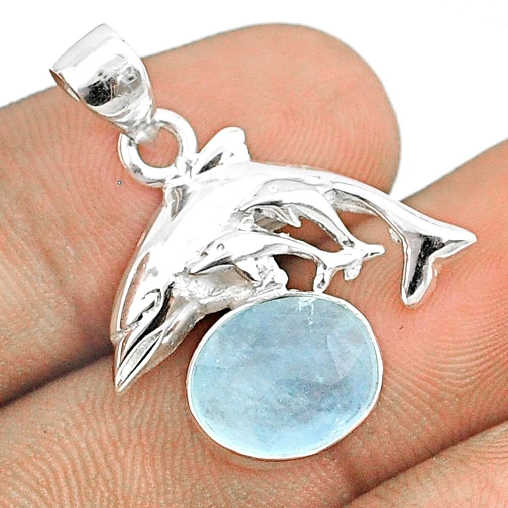 5.05cts sea life natural blue aquamarine 925 sterling silver dolphin pendant u25954