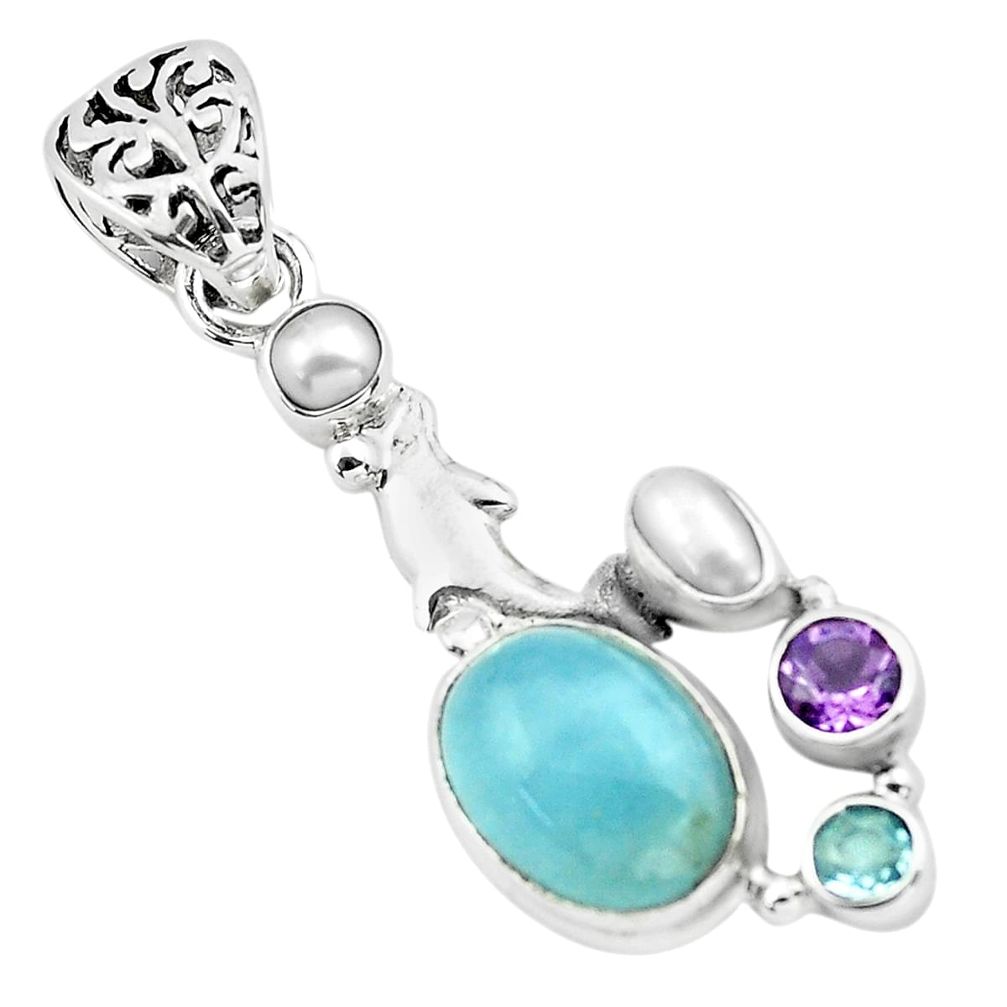 8.76cts natural blue aquamarine amethyst 925 silver dolphin pendant p72870