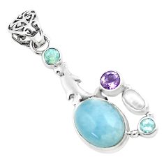 Clearance Sale- 9.37cts natural blue aquamarine amethyst 925 silver dolphin pendant p72880