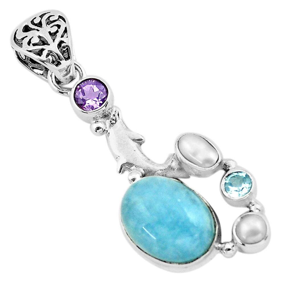 9.83cts natural blue aquamarine amethyst 925 silver dolphin pendant p72883