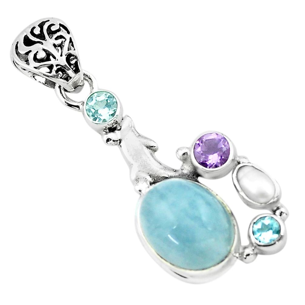 9.37cts natural blue aquamarine amethyst 925 silver dolphin pendant p72891