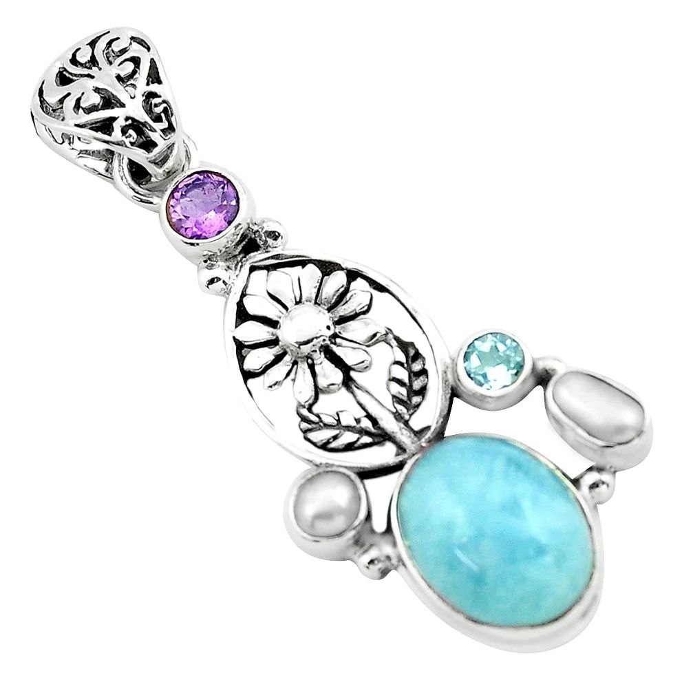  blue aquamarine amethyst 925 silver flower pendant p72861