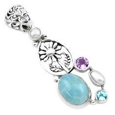 Clearance Sale- 10.46cts natural blue aquamarine amethyst 925 silver flower pendant p72902