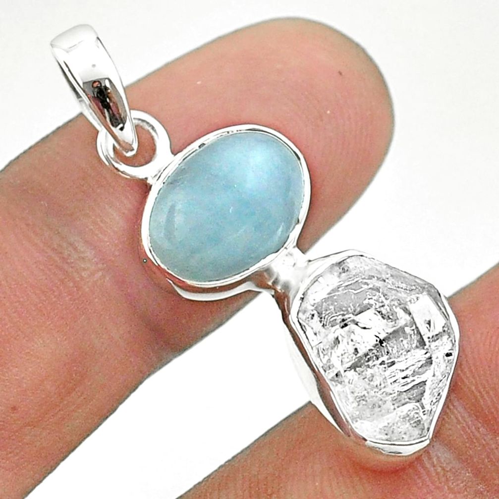 9.83cts natural blue aquamarine herkimer diamond 925 silver pendant t49122