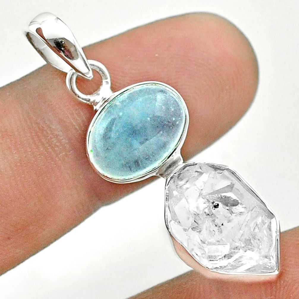 9.83cts natural blue aquamarine herkimer diamond 925 silver pendant t49126