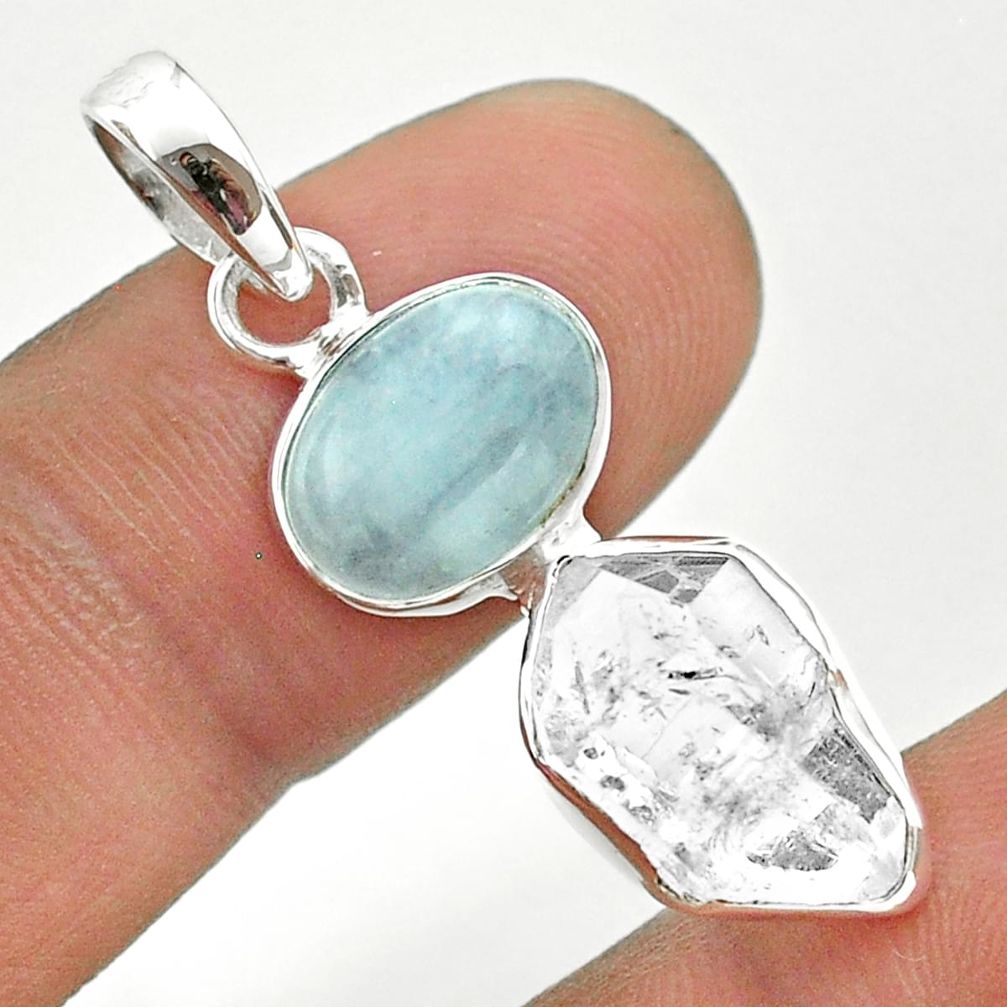 9.75cts natural blue aquamarine herkimer diamond 925 silver pendant t49128