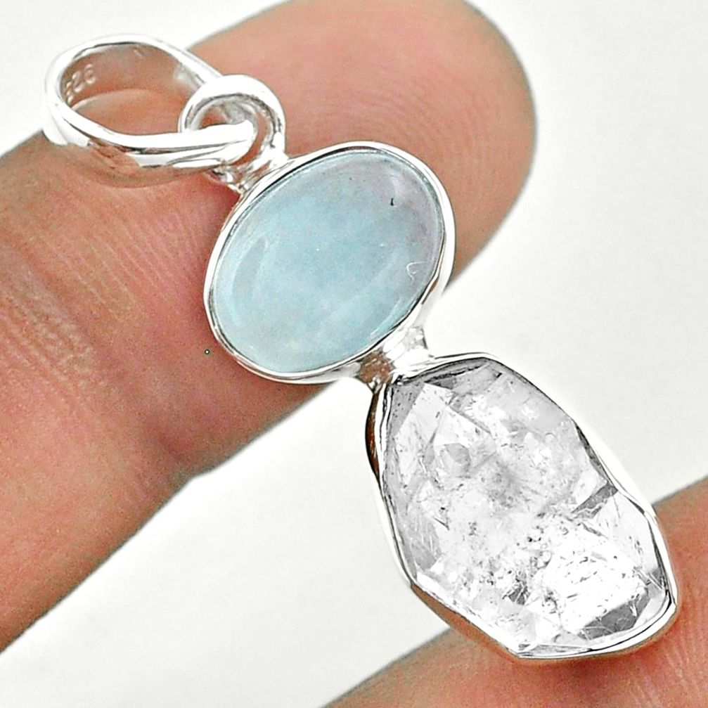 10.19cts natural blue aquamarine herkimer diamond 925 silver pendant t49130