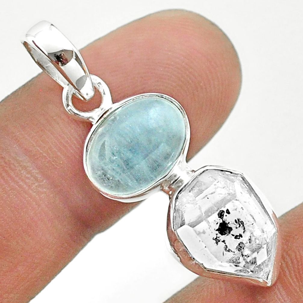 9.37cts natural blue aquamarine herkimer diamond 925 silver pendant t49137
