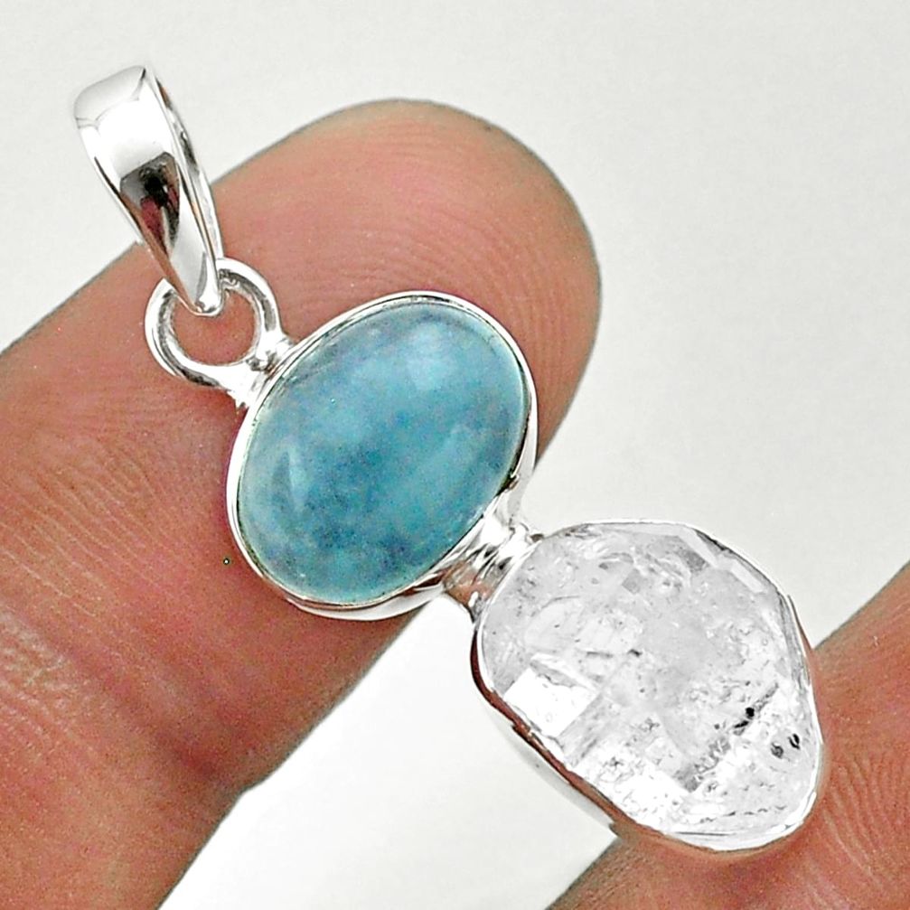 9.35cts natural blue aquamarine herkimer diamond 925 silver pendant t49139