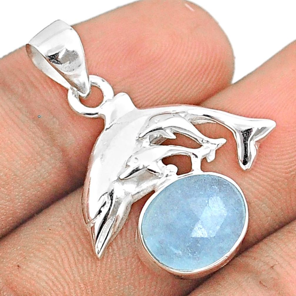 4.98cts sea life natural blue aquamarine oval 925 sterling silver dolphin pendant u25945
