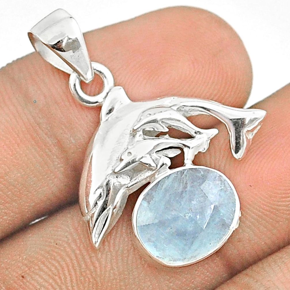 5.02cts sea life natural blue aquamarine oval 925 sterling silver dolphin pendant u25948