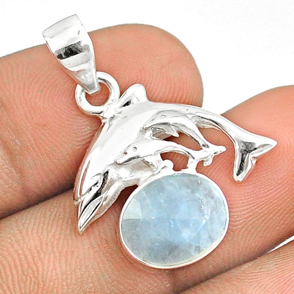4.96cts sea life natural blue aquamarine oval 925 sterling silver dolphin pendant u25951