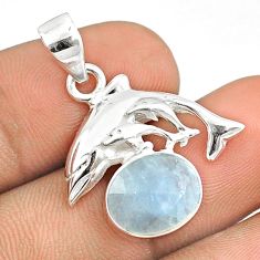 4.96cts natural blue aquamarine oval 925 sterling silver dolphin pendant u25951