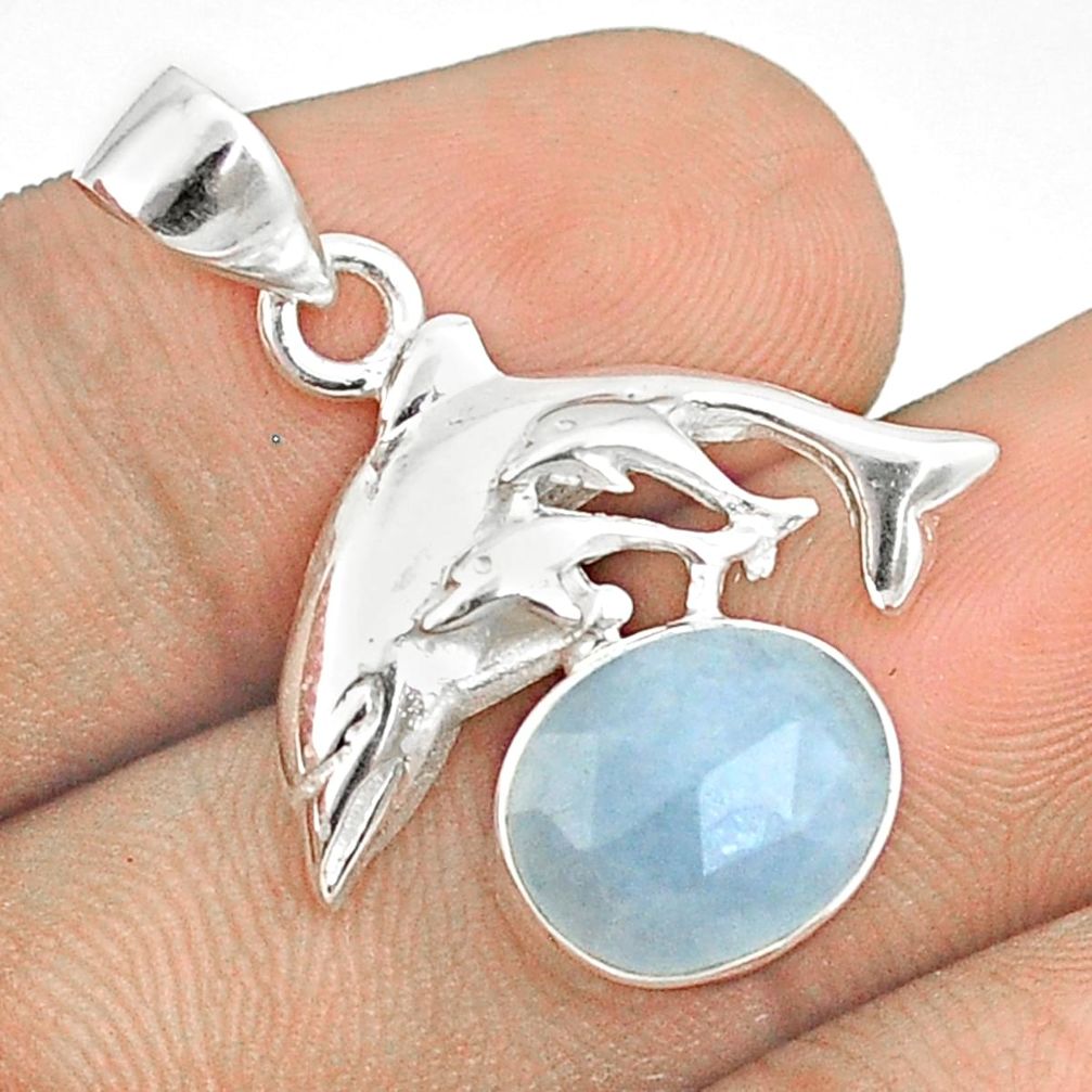 4.98cts sea life natural blue aquamarine oval 925 sterling silver dolphin pendant u25953