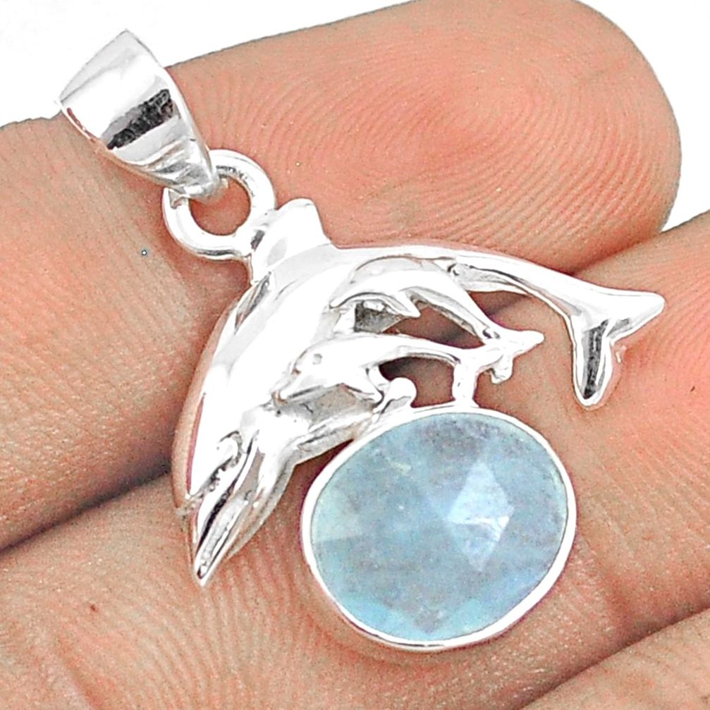 5.03cts sea life natural blue aquamarine oval 925 sterling silver dolphin pendant u25957