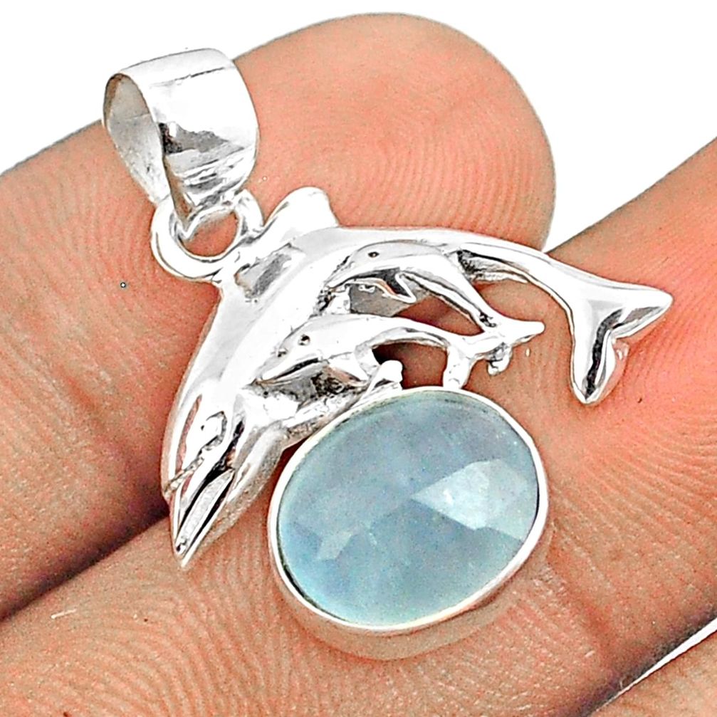 4.93cts natural blue aquamarine oval 925 sterling silver dolphin pendant u25959
