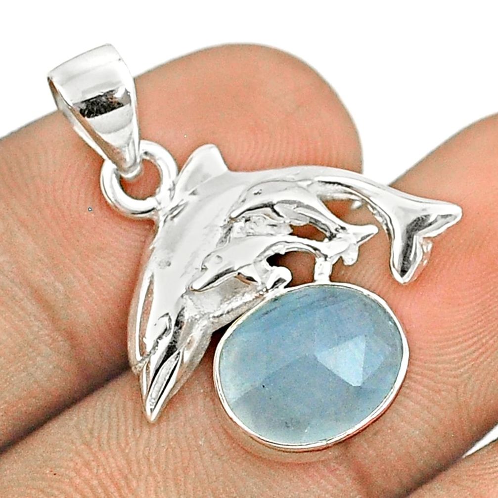 5.03cts natural blue aquamarine oval 925 sterling silver dolphin pendant u25960