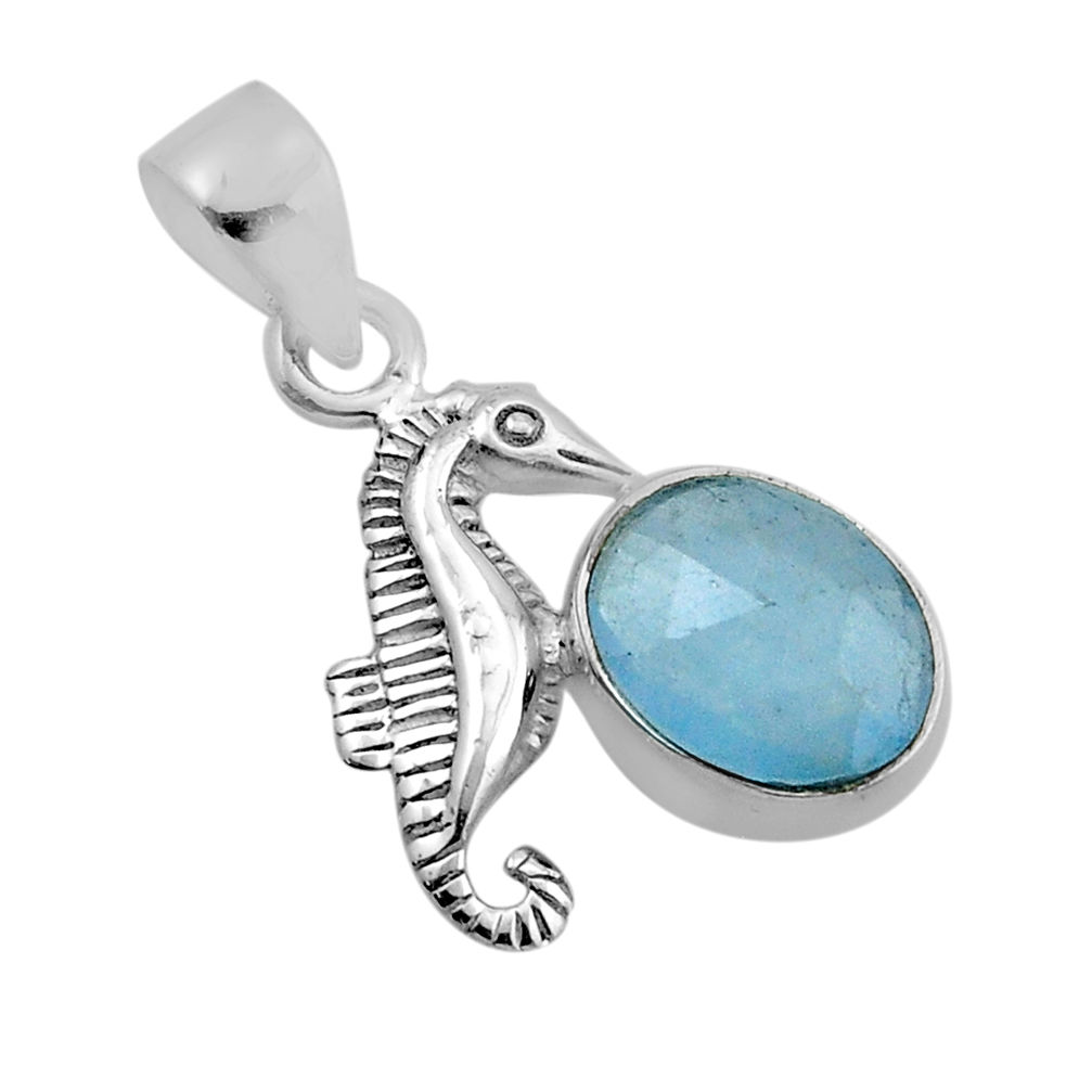 4.64cts natural blue aquamarine oval 925 sterling silver seahorse pendant y86928