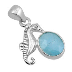 4.42cts natural blue aquamarine oval 925 sterling silver seahorse pendant y86933