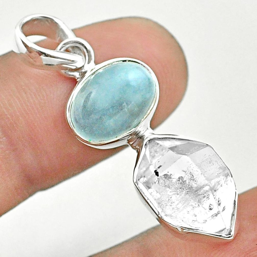 9.83cts natural blue aquamarine oval herkimer diamond 925 silver pendant t49131