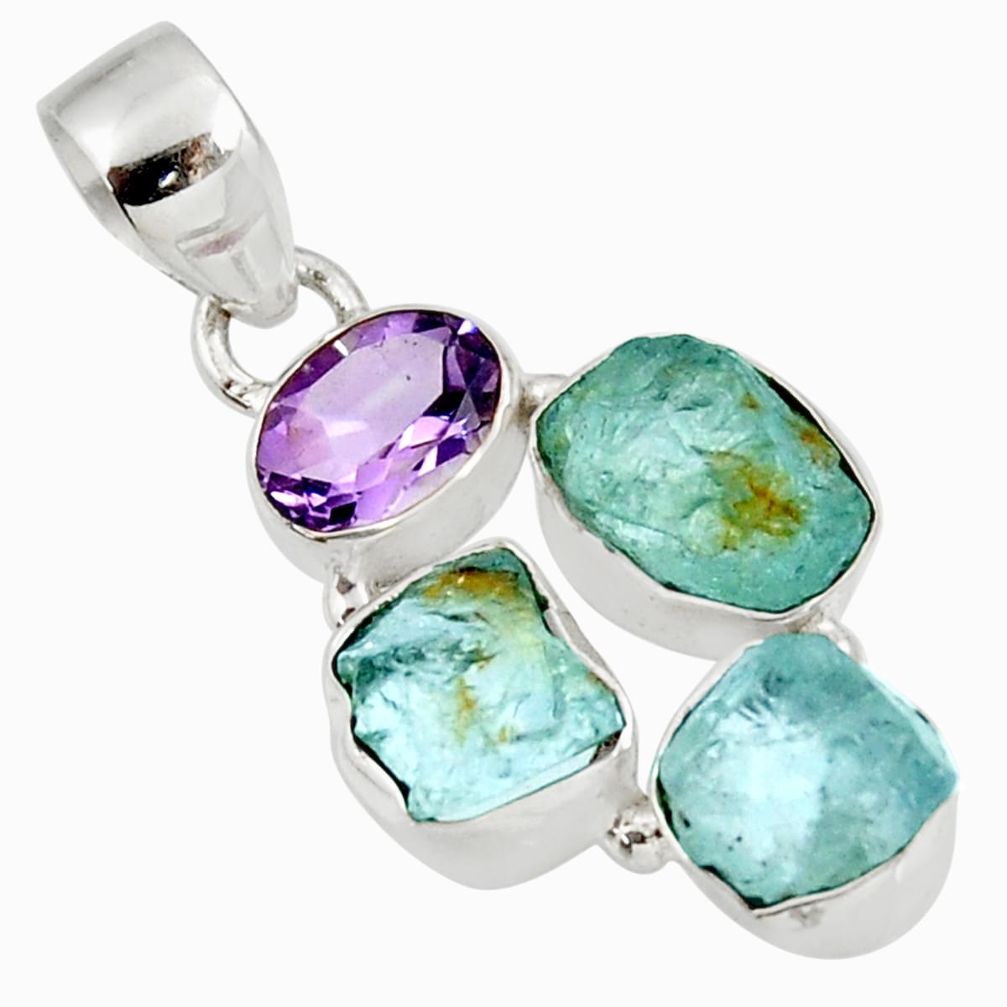  blue aquamarine rough purple amethyst 925 silver pendant d39165