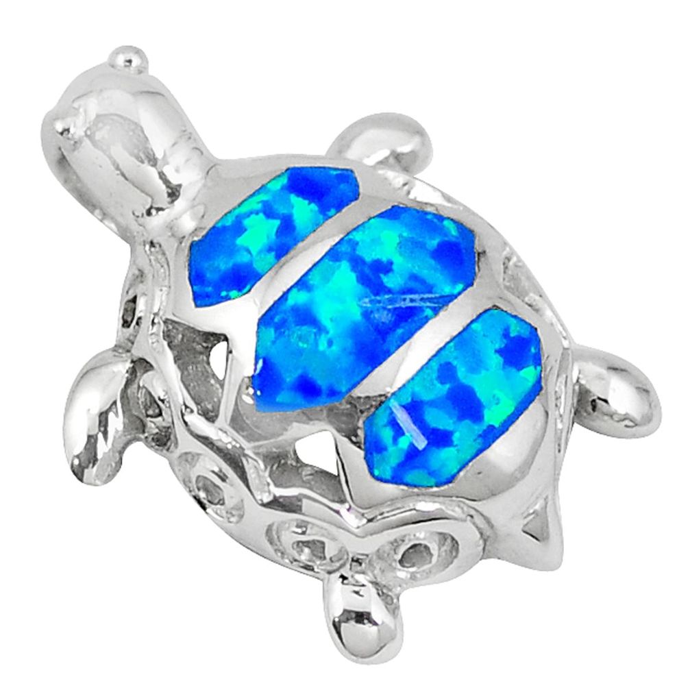 Natural blue australian opal (lab) 925 silver turtle pendant jewelry c15669