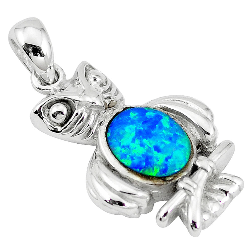 LAB Natural blue australian opal (lab) 925 sterling silver owl pendant c15602