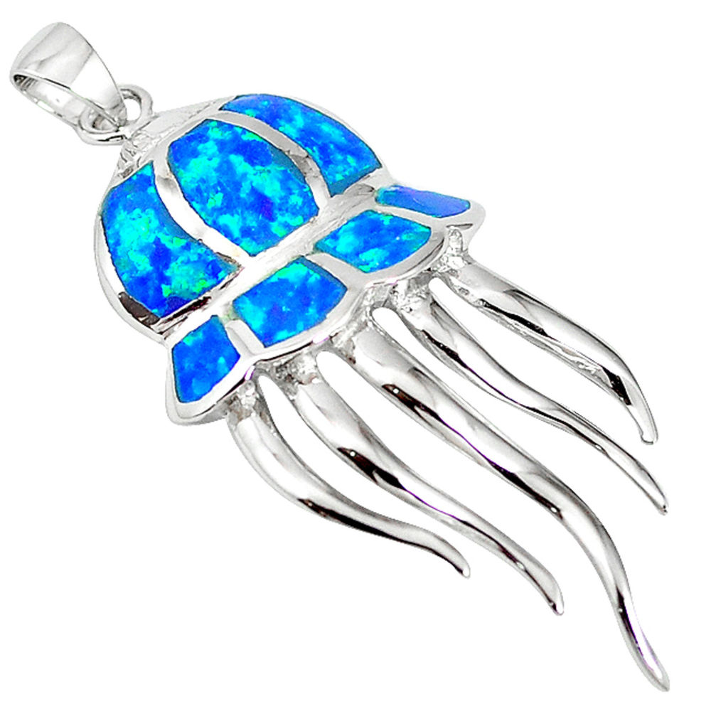 Natural blue australian opal (lab) sterling silver octopus pendant a61341 c15401