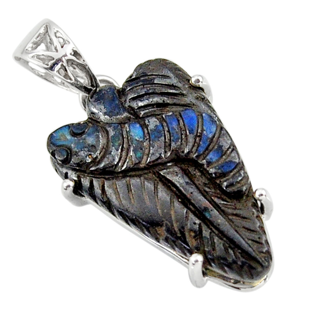 17.50cts natural blue boulder opal carving 925 sterling silver pendant r30801