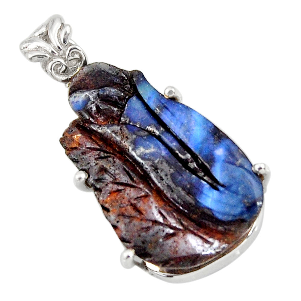 18.06cts natural blue boulder opal carving 925 sterling silver pendant r30817