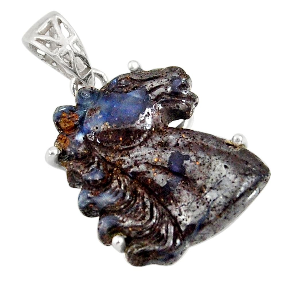 20.76cts natural blue boulder opal carving 925 sterling silver pendant r30819