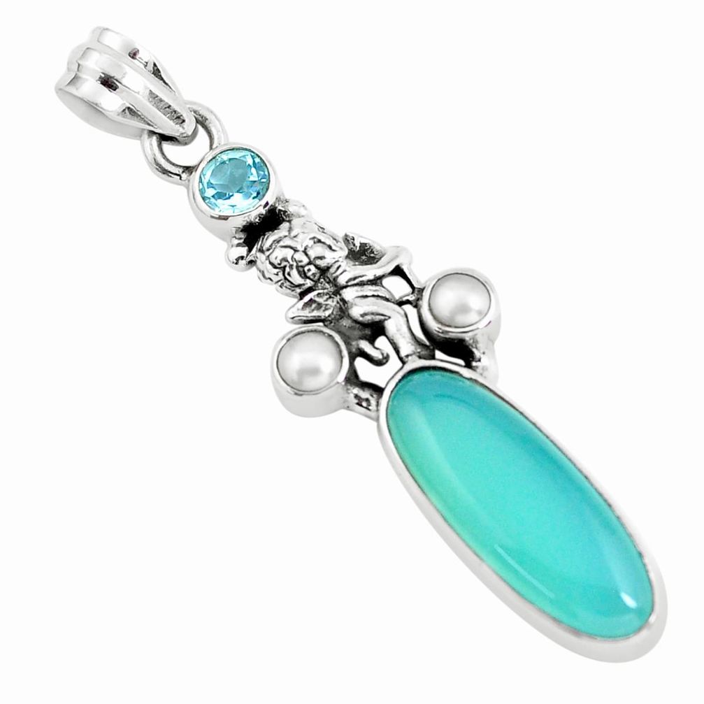 9.47cts natural blue chalcedony 925 silver cupid angel wings pendant p58894