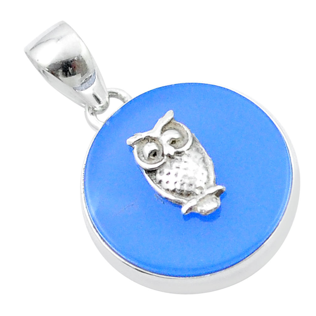 11.75cts natural blue chalcedony 925 sterling silver owl coin enamel pendant jewelry u34612