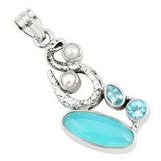 Clearance Sale- 9.37cts natural blue chalcedony topaz 925 silver anaconda snake pendant p58900