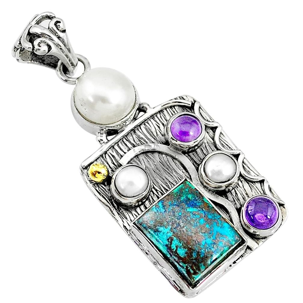 12.32cts natural blue chrysocolla amethyst 925 silver 14k gold pendant t10668