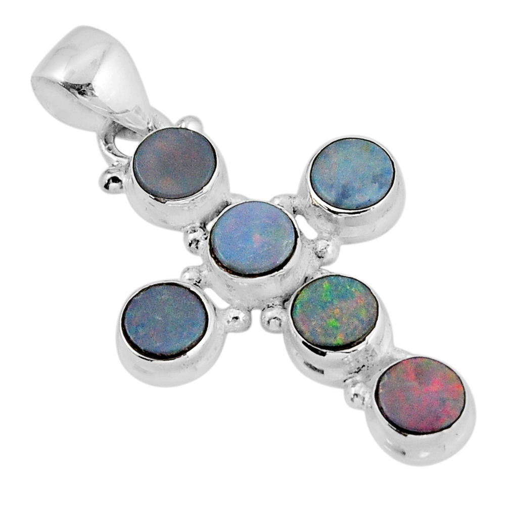 2.77cts natural blue doublet opal australian 925 silver cross pendant y57228