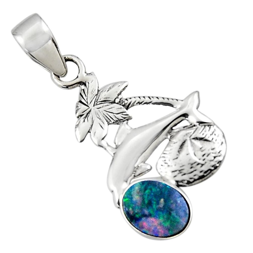 2.60cts natural blue doublet opal australian 925 silver dolphin pendant r48342