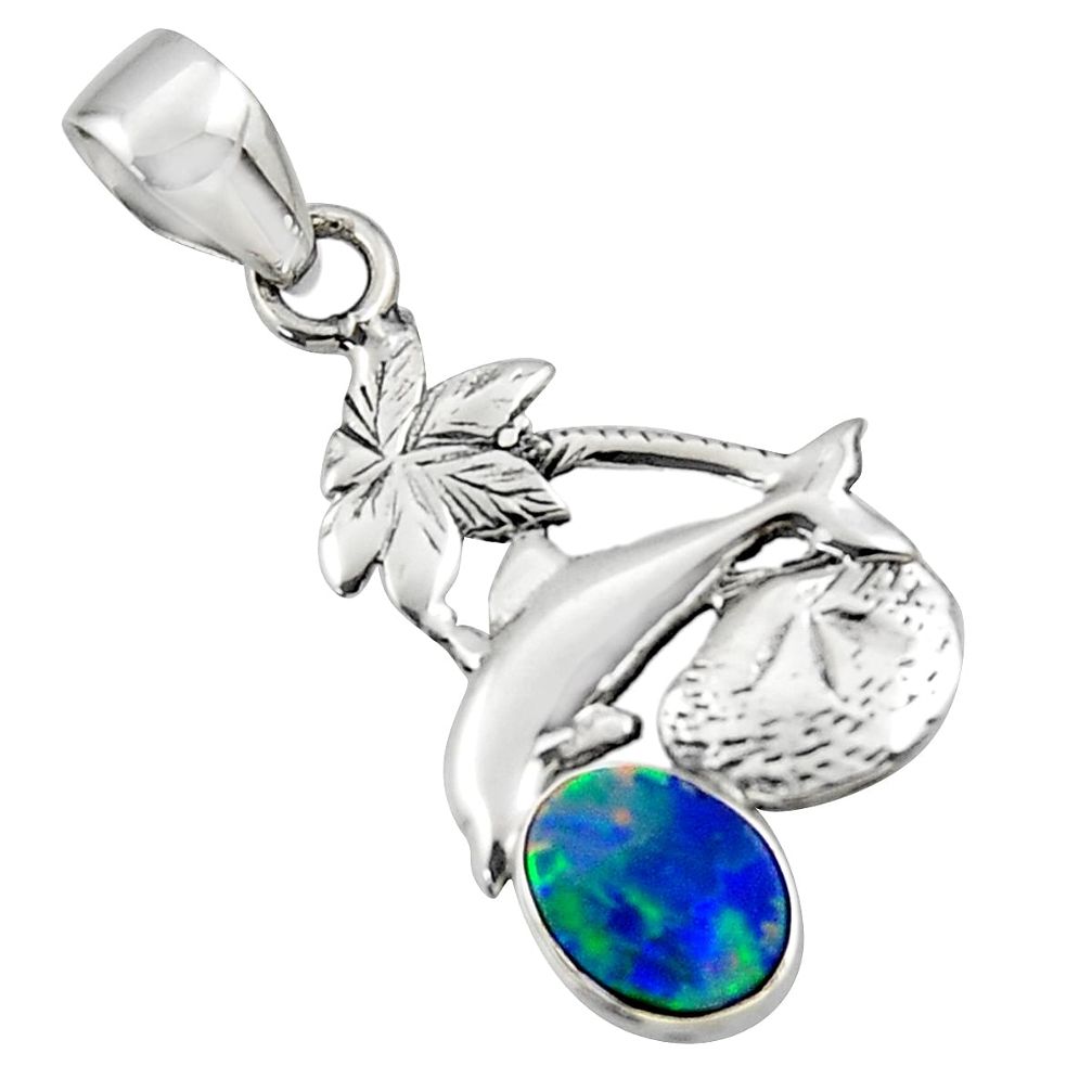 2.60cts natural blue doublet opal australian 925 silver dolphin pendant r48345