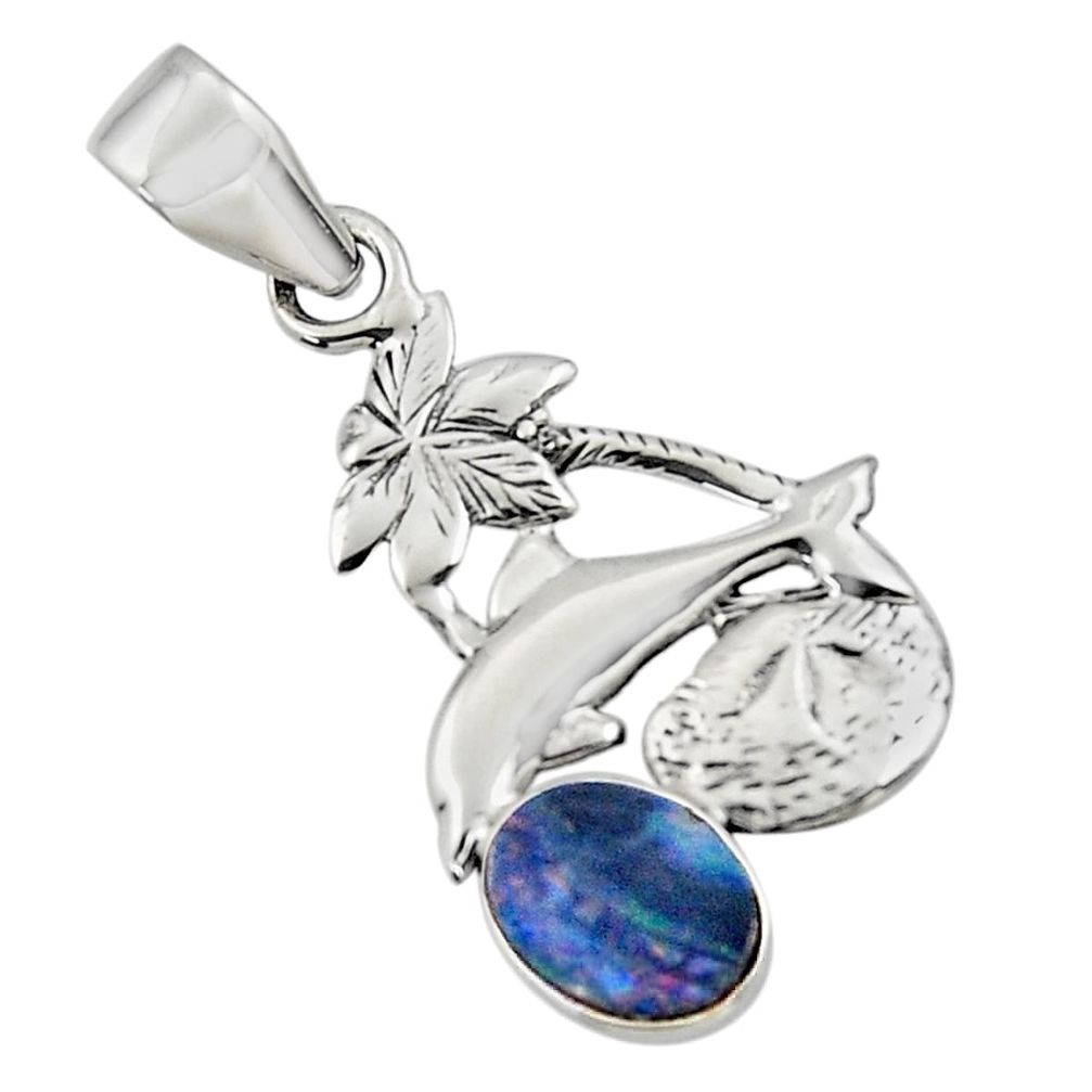 2.58cts natural blue doublet opal australian 925 silver dolphin pendant r48350