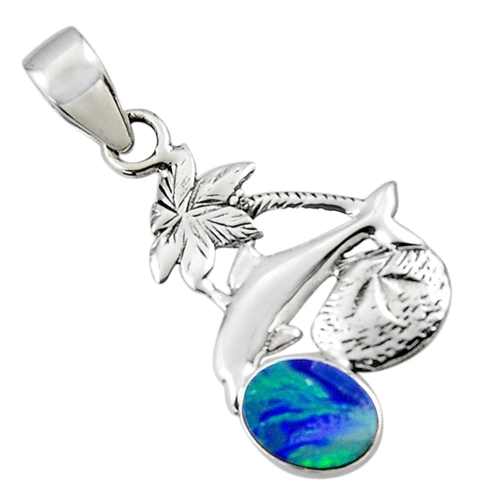 2.57cts natural blue doublet opal australian 925 silver dolphin pendant r48351