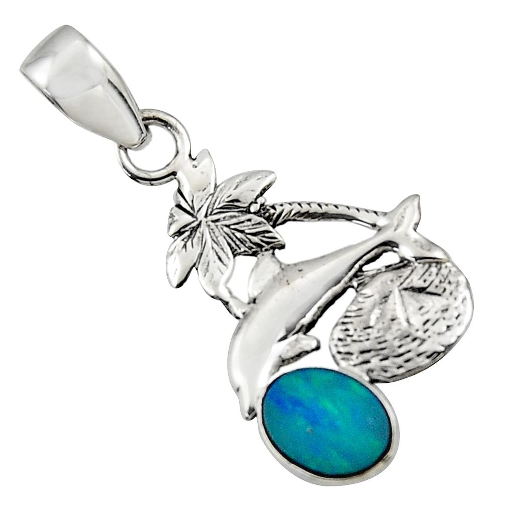 2.58cts natural blue doublet opal australian 925 silver dolphin pendant r48357