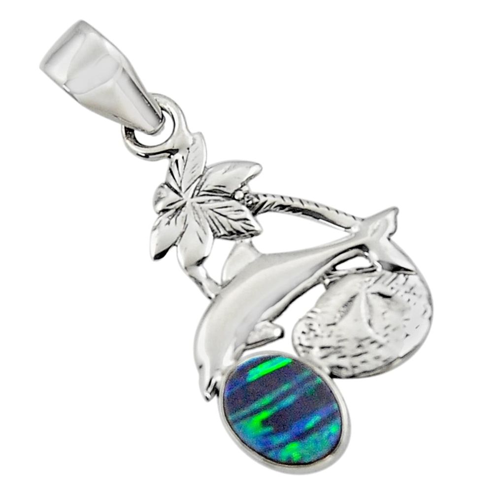 2.60cts natural blue doublet opal australian 925 silver dolphin pendant r48358