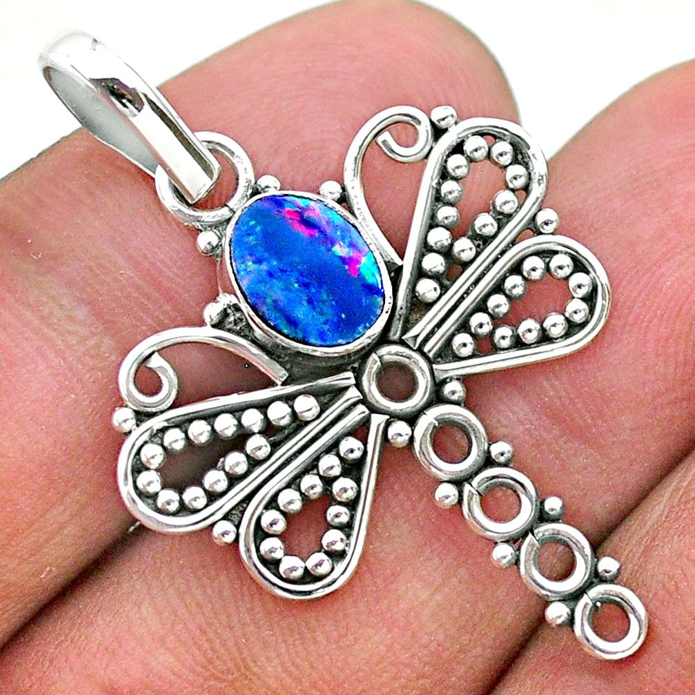 1.40cts natural blue doublet opal australian 925 silver dragonfly pendant t32916