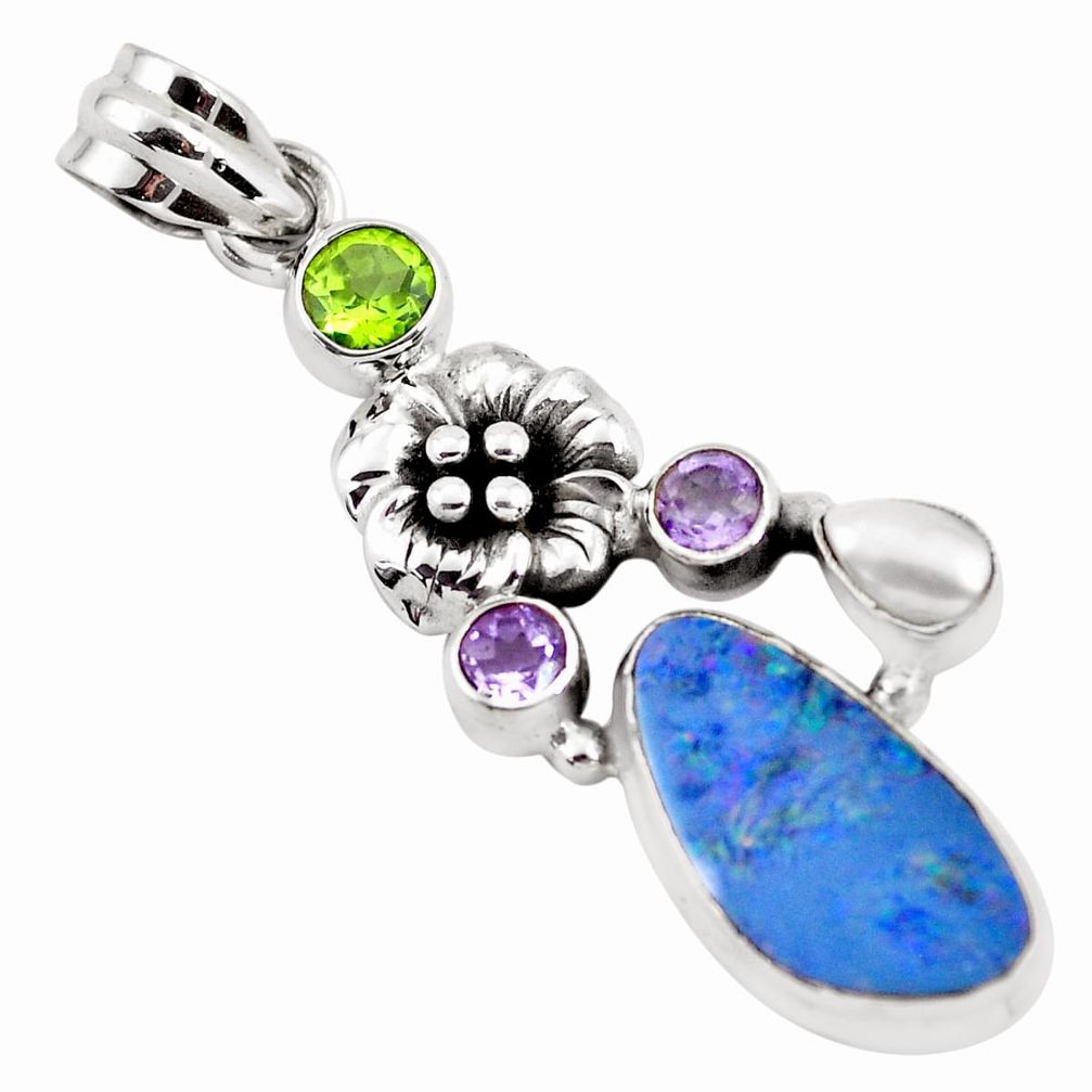 blue doublet opal australian 925 silver flower pendant p58052