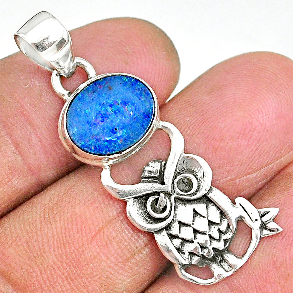 3.81cts natural blue doublet opal australian 925 silver owl pendant r90493